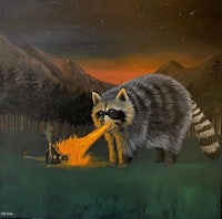 a painting of a raccoon with a fire in its mouth