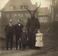 an old photo of a family posing in front of a house