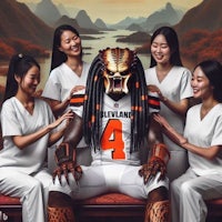 a group of women posing with a cleveland browns football player