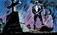 a comic book cover with a venom standing in front of a grave