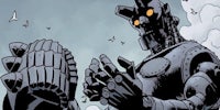 a comic book image of a giant robot standing in the air