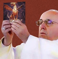 the pope is holding up a book with a dragon on it