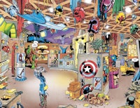 a room full of comics and toys