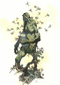 a drawing of a green creature with a tree in the background