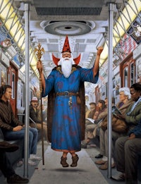 a painting of a gnome on a subway train