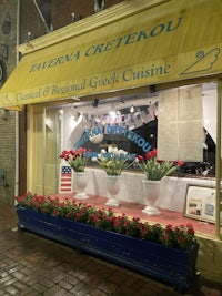 a brick building with a window display