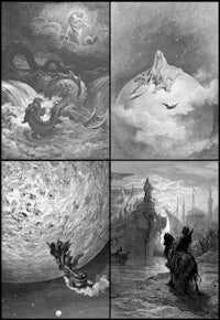 a series of black and white pictures of a man riding a horse in the sky