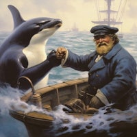 a painting of a man in a boat with an orca whale